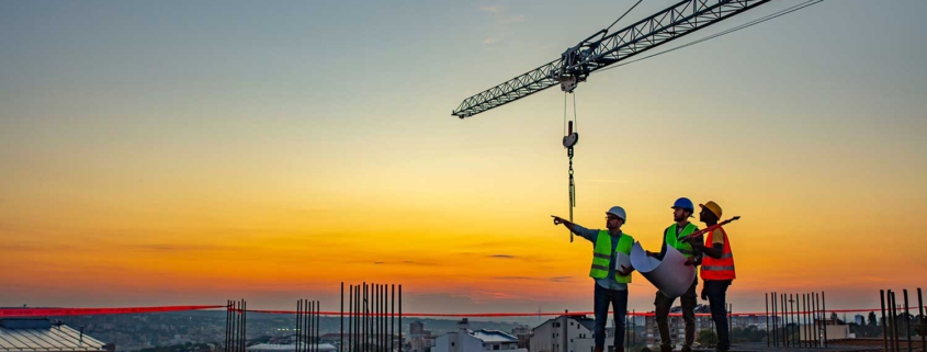 3 construction workers on top of a building being constructed with a crane in the background at sunset.